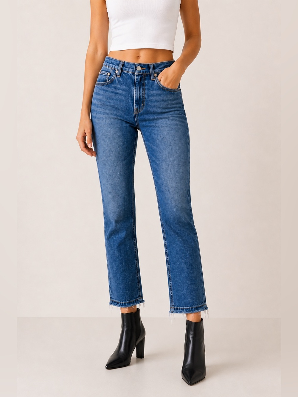 FRAME Le High Straight Jeans Whitway Wash Frayed Hem Blue Size 26